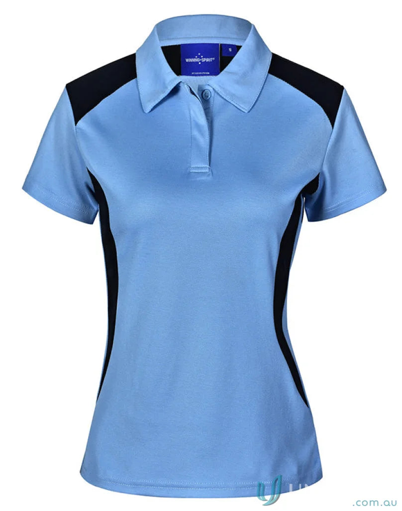 Light blue Winning Spirit Ladies TrueDry Winner Polo with black side and shoulder panels