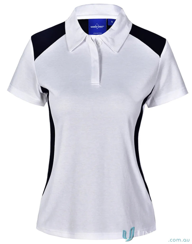 White short-sleeved polo shirt with black side and shoulder panels for winning spirit ladies