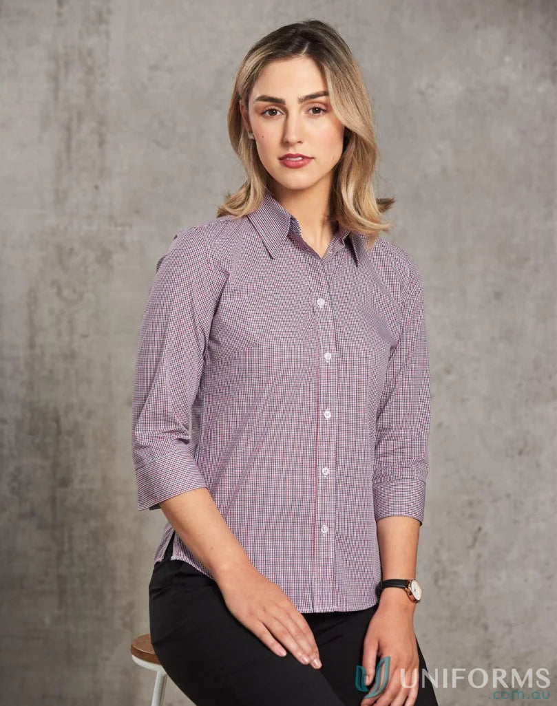 Winning Spirit Ladies mini gingham 3/4 sleeve shirt with collar and subtle check pattern