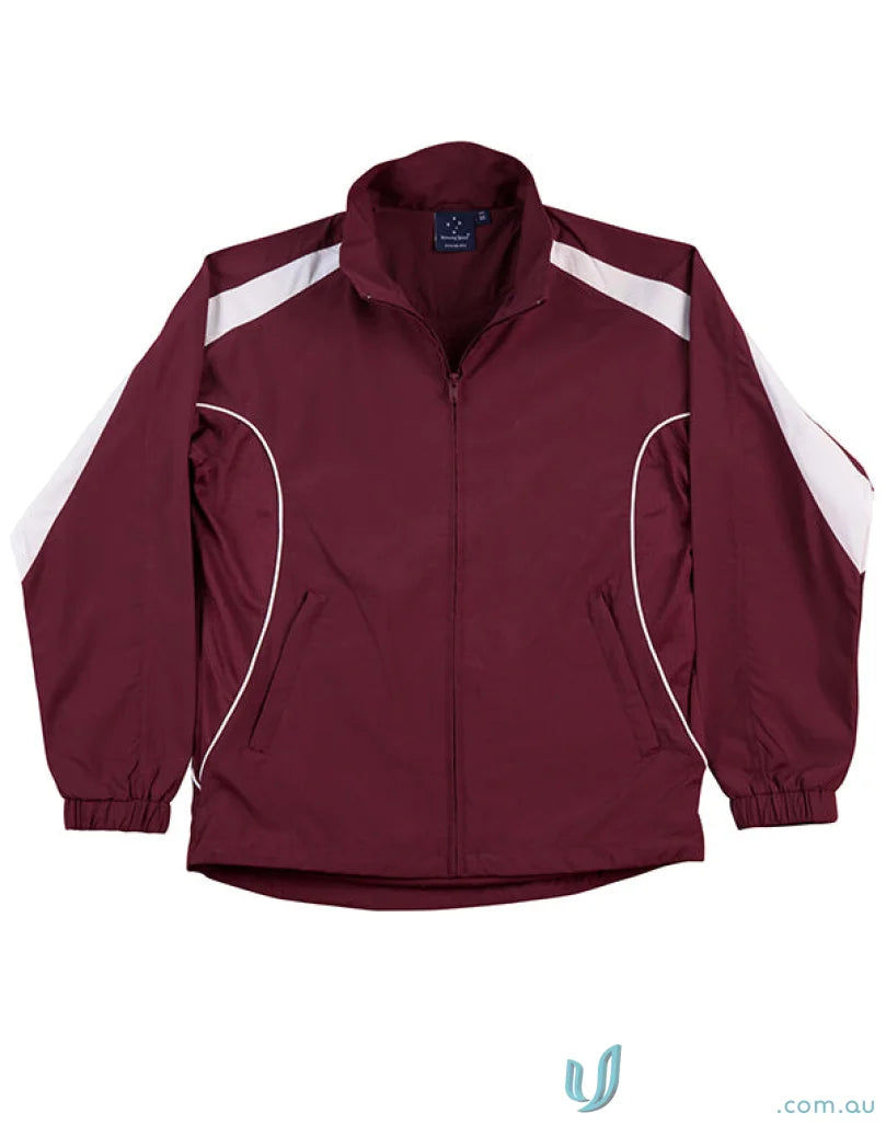 Maroon and white Winning Spirit Legend Warm Up Jacket with water-repellent finish for workwear wardrobe