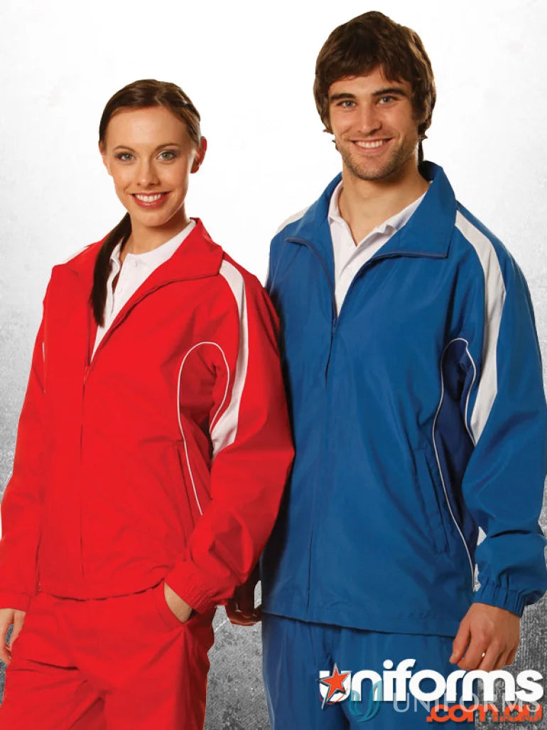 Matching red and blue tracksuits from the Winning Spirit Legend Warm Up Jacket with water-repellent finish
