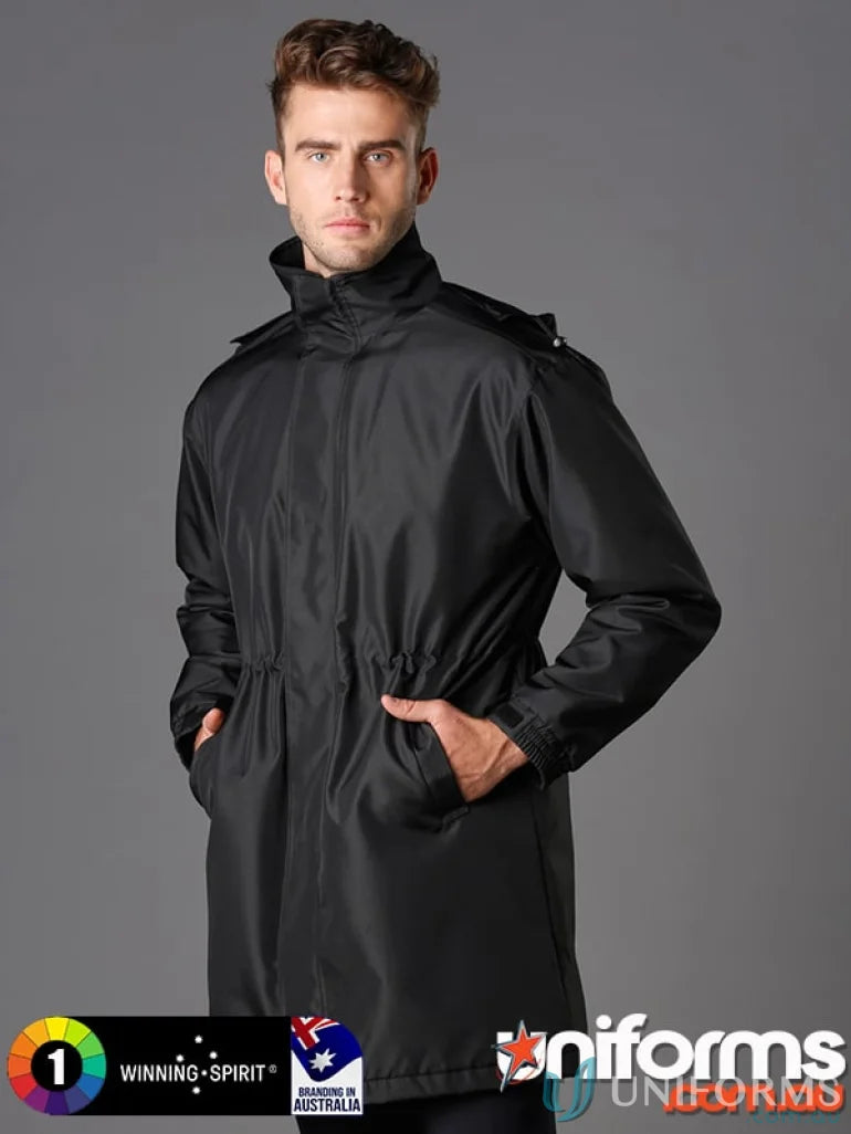Black jk50 longline Winning Spirit Stadium rain jacket with high wind collar