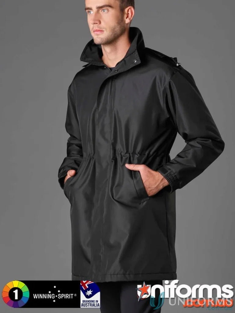 Black jk50 longline Winning Spirit Stadium rain jacket with high wind collar