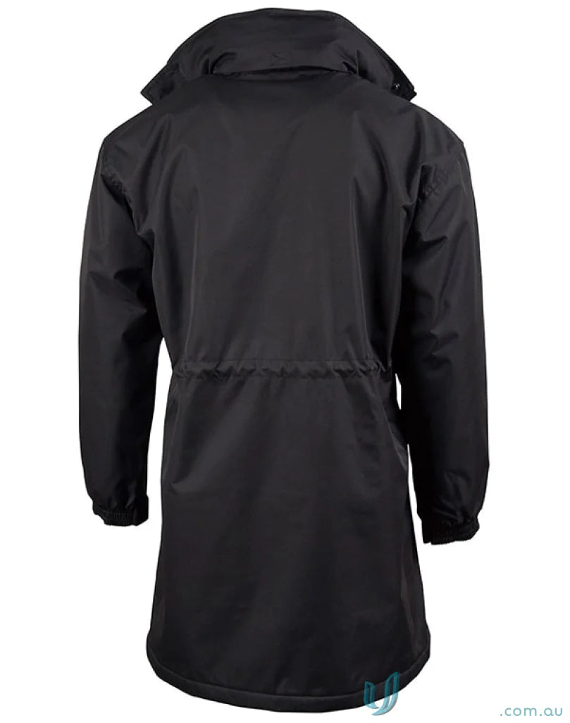 Black jk50 longline Winning Spirit Stadium jacket with high wind collar and adjustable waist