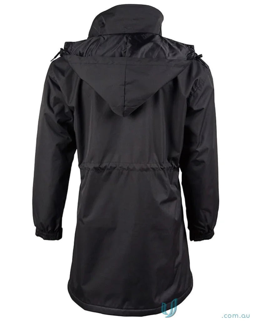 Black waterproof hooded longline jacket with high wind collar for Winning Spirit Stadium jk50 longline style