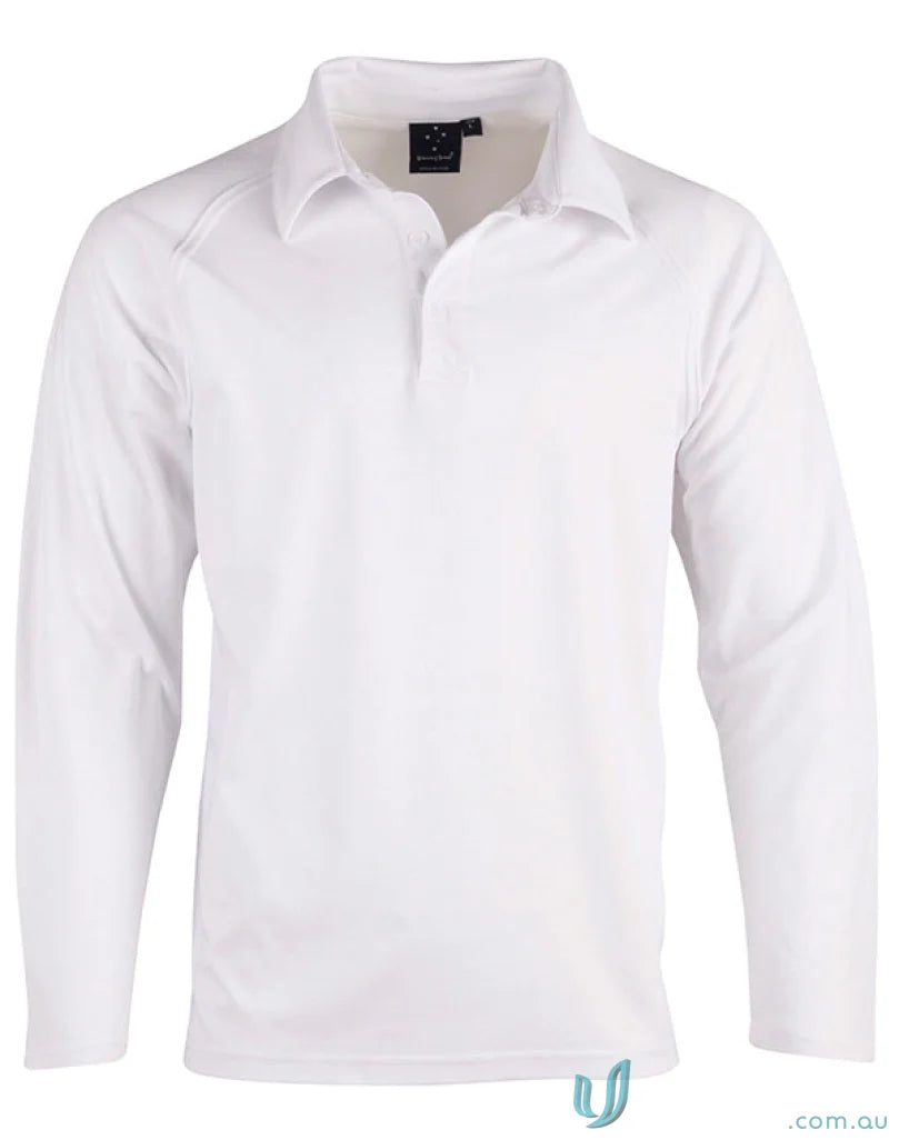 White long-sleeved polo shirt from Winning Spirit LS Cricket Polo with raglan sleeves and ps29l cricket polo branding