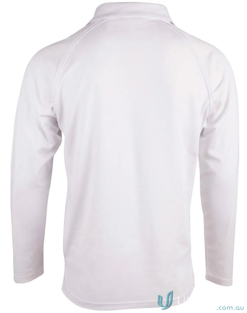 White long-sleeved ps29l cricket polo with raglan sleeves from Winning Spirit Truedry