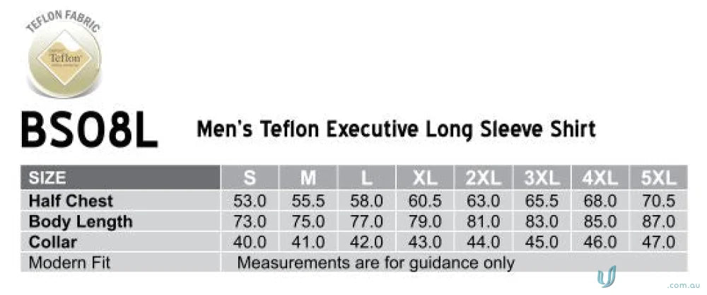 Men’s Teflon Executive Long Sleeve Shirt size chart for the Winning Spirit Mens Executive LS Shirt