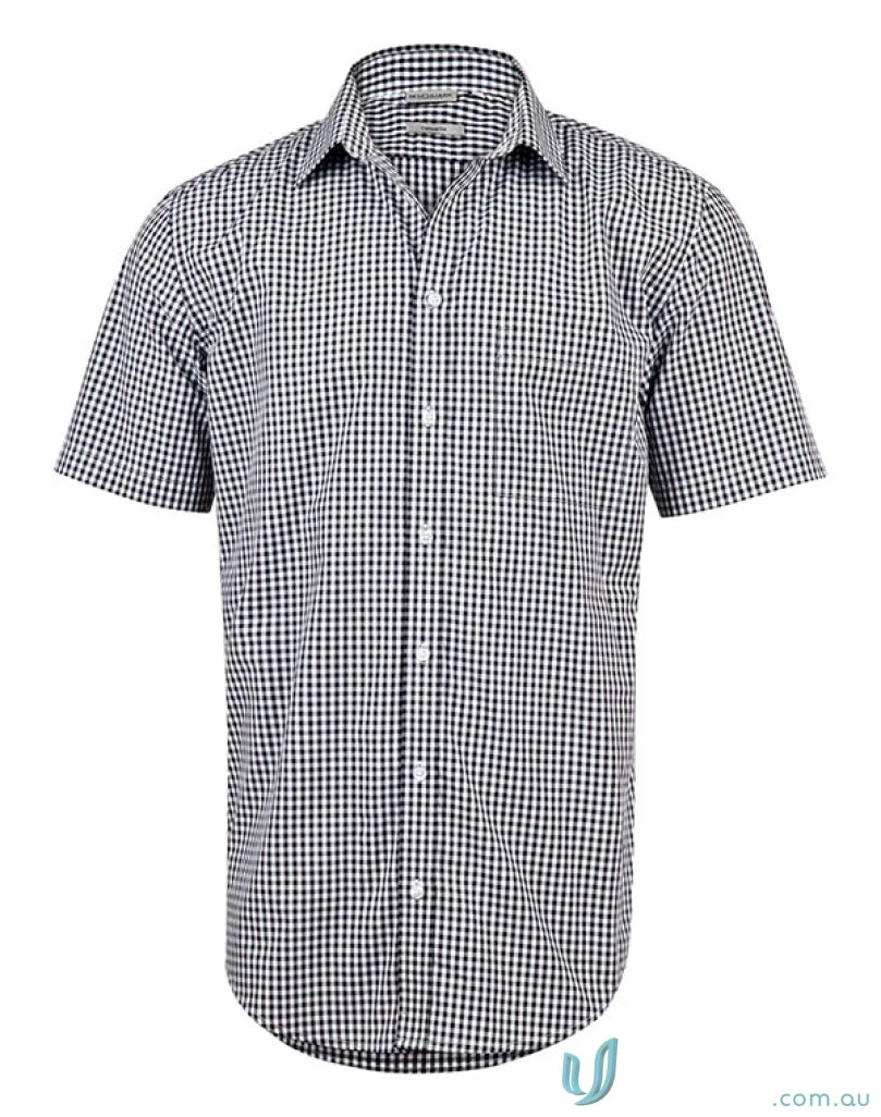 Winning Spirit Mens Gingham Roll Up S/S Shirt with black and white checkered pattern
