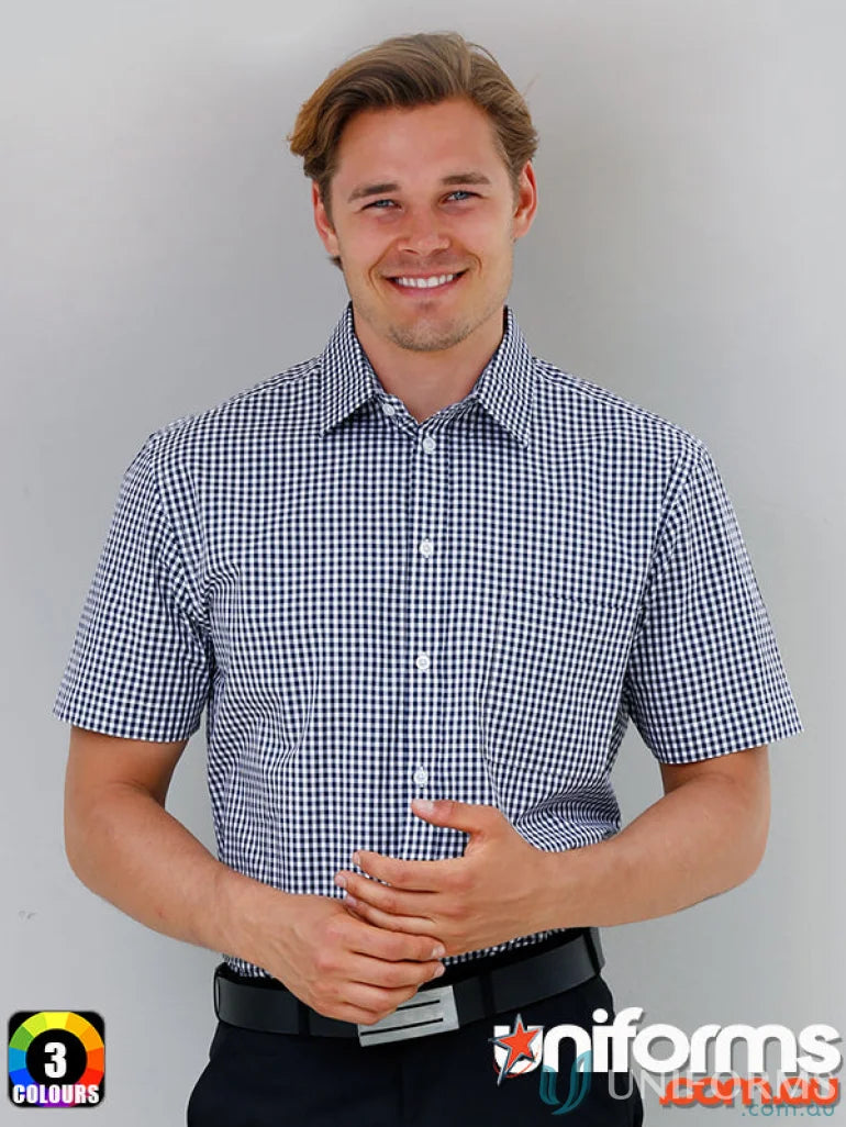 Winning Spirit Mens Gingham Roll-Up S/S Shirt featuring a man in a checkered short-sleeve shirt