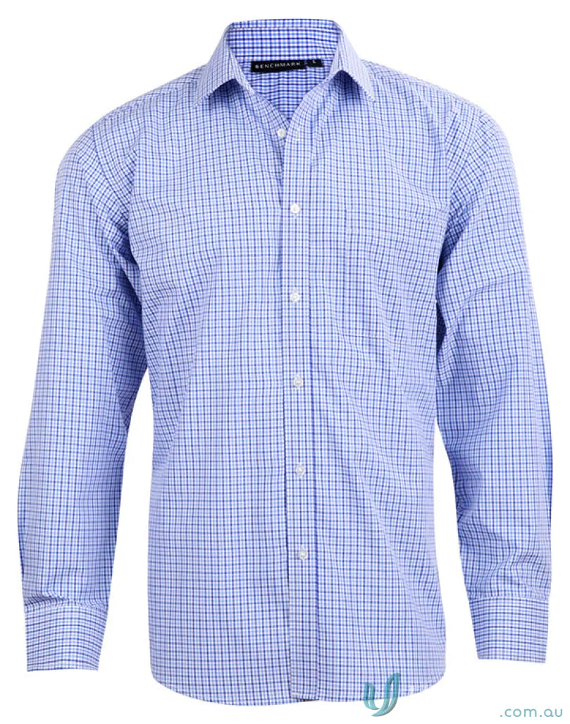 Blue and white check long sleeve shirt from Winning Spirit Mens with multi-tone check long pattern