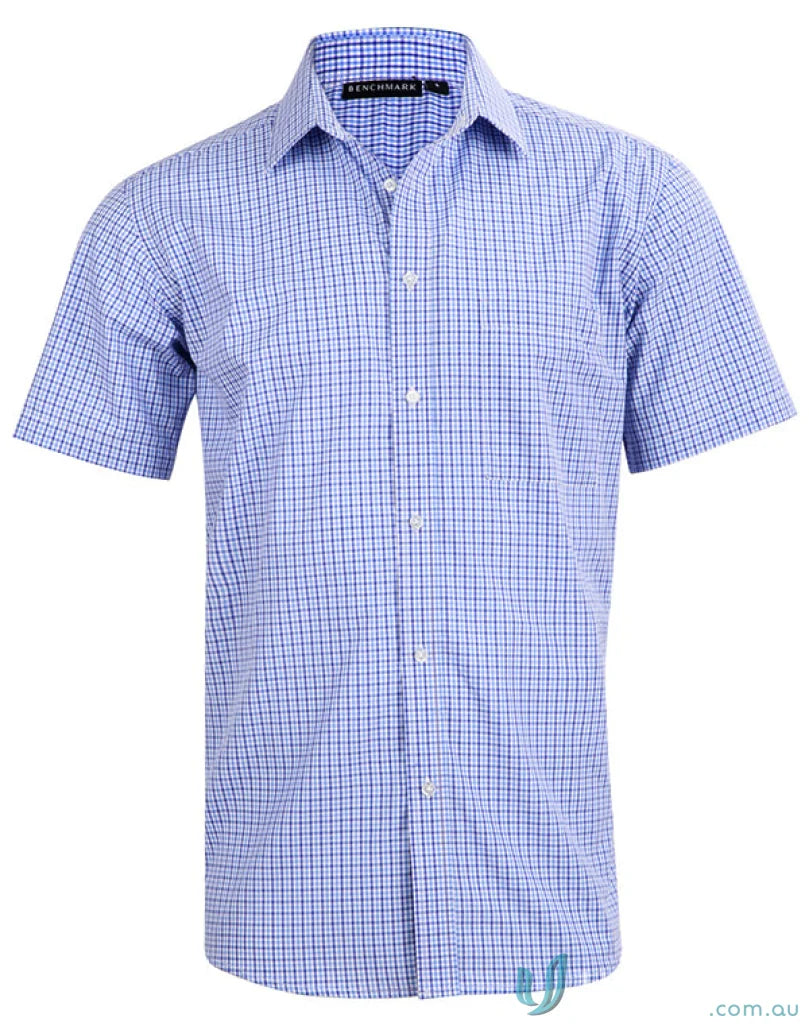 Blue and white check short sleeve shirt for men’s multi-tone style, style m7320s
