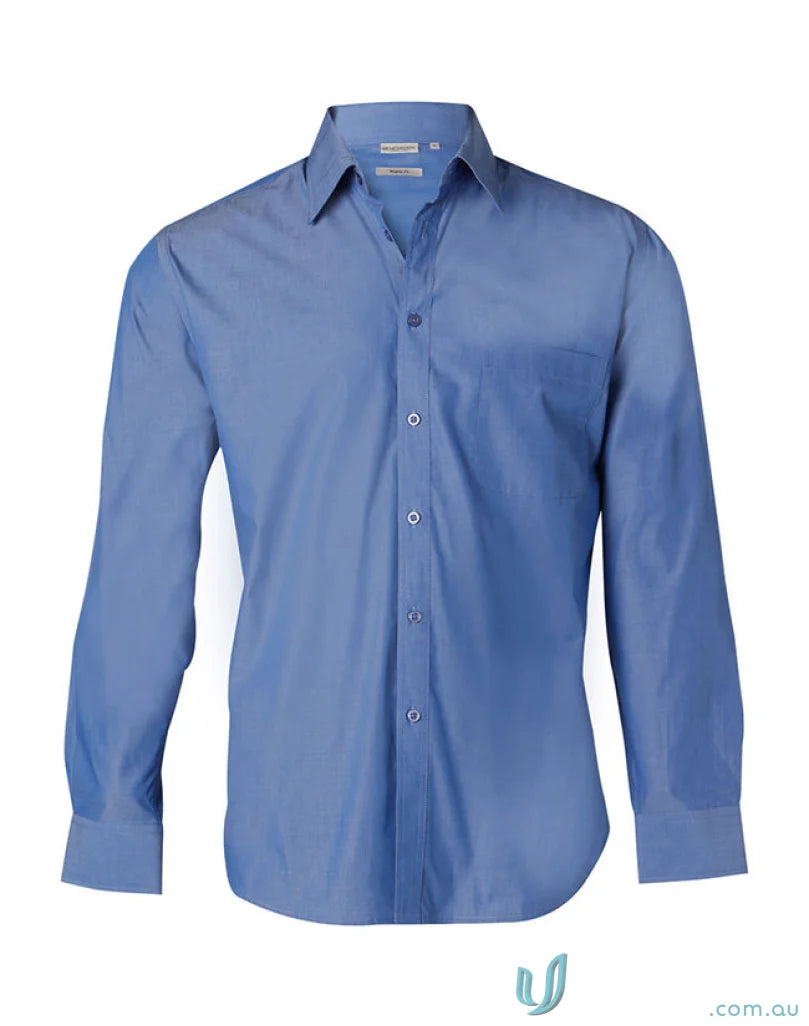 Blue long-sleeved Winning Spirit Nano Tech men’s nano tech shirt for a sharp look