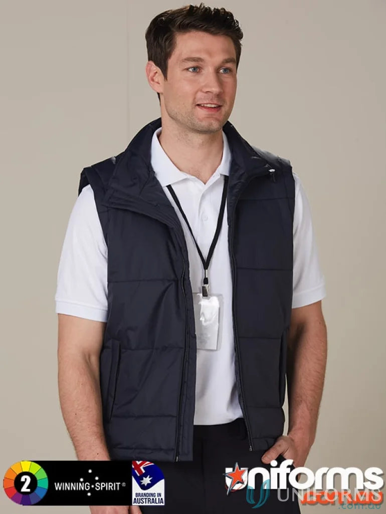 Navy blue jk29 padded vest with zippered welt pockets and durable nylon rip-stop fabric