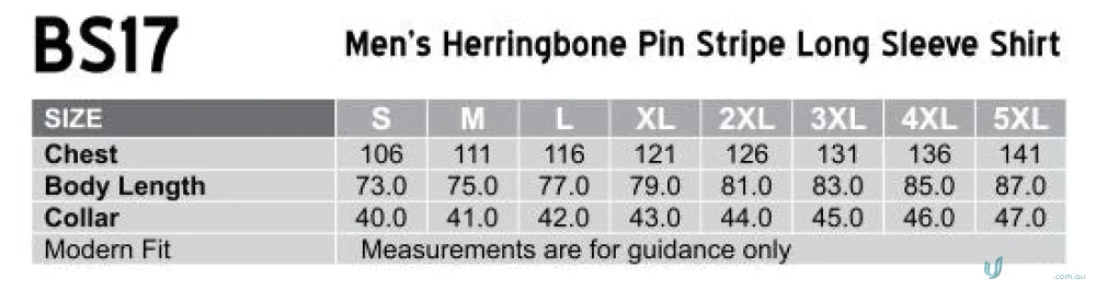 Men’s workwear size chart for Winning Spirit Pin BS17 Pin Stripe Shirt
