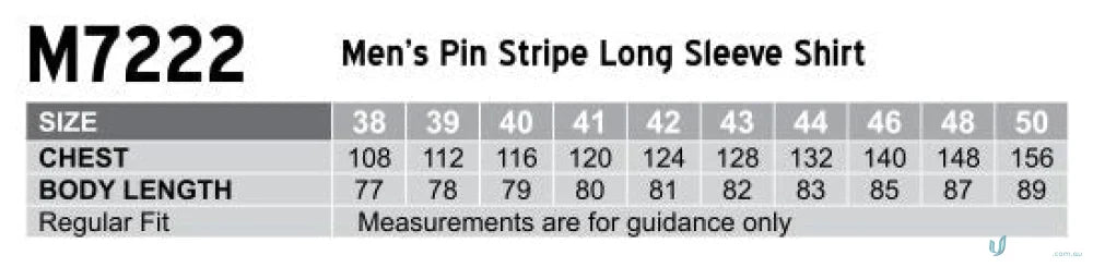 Men’s shirt size chart for Winning Spirit Pinstripe LS Shirt with convenient chest pocket