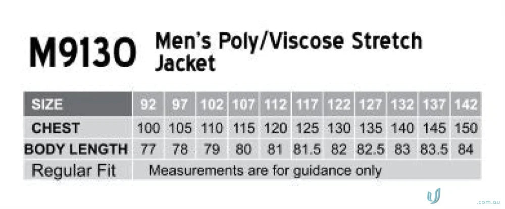 Men’s poly viscose stretch jacket size chart for Winning Spirit PolyViscose Stretch Jacket