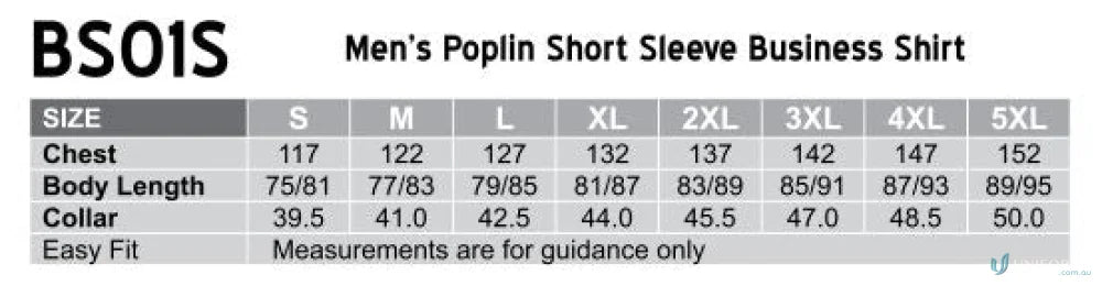 Men’s shirt size chart for Winning Spirit Spirit Poplin SS Shirt