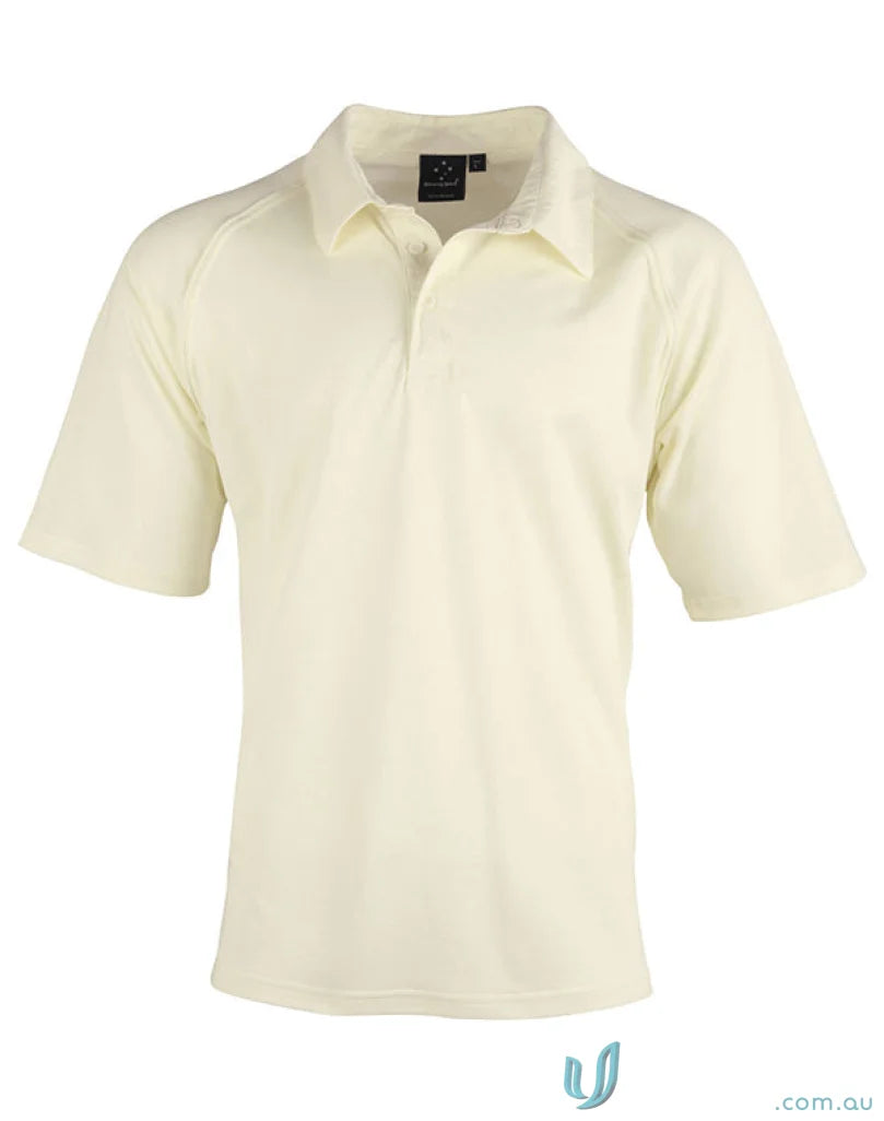 Cream-colored short-sleeved polo shirt from Winning Spirit SS Cricket Polo with moisture-wicking tech