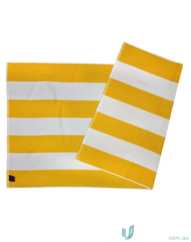 Yellow and white striped beach towel from Winning Spirit terry towelling collection