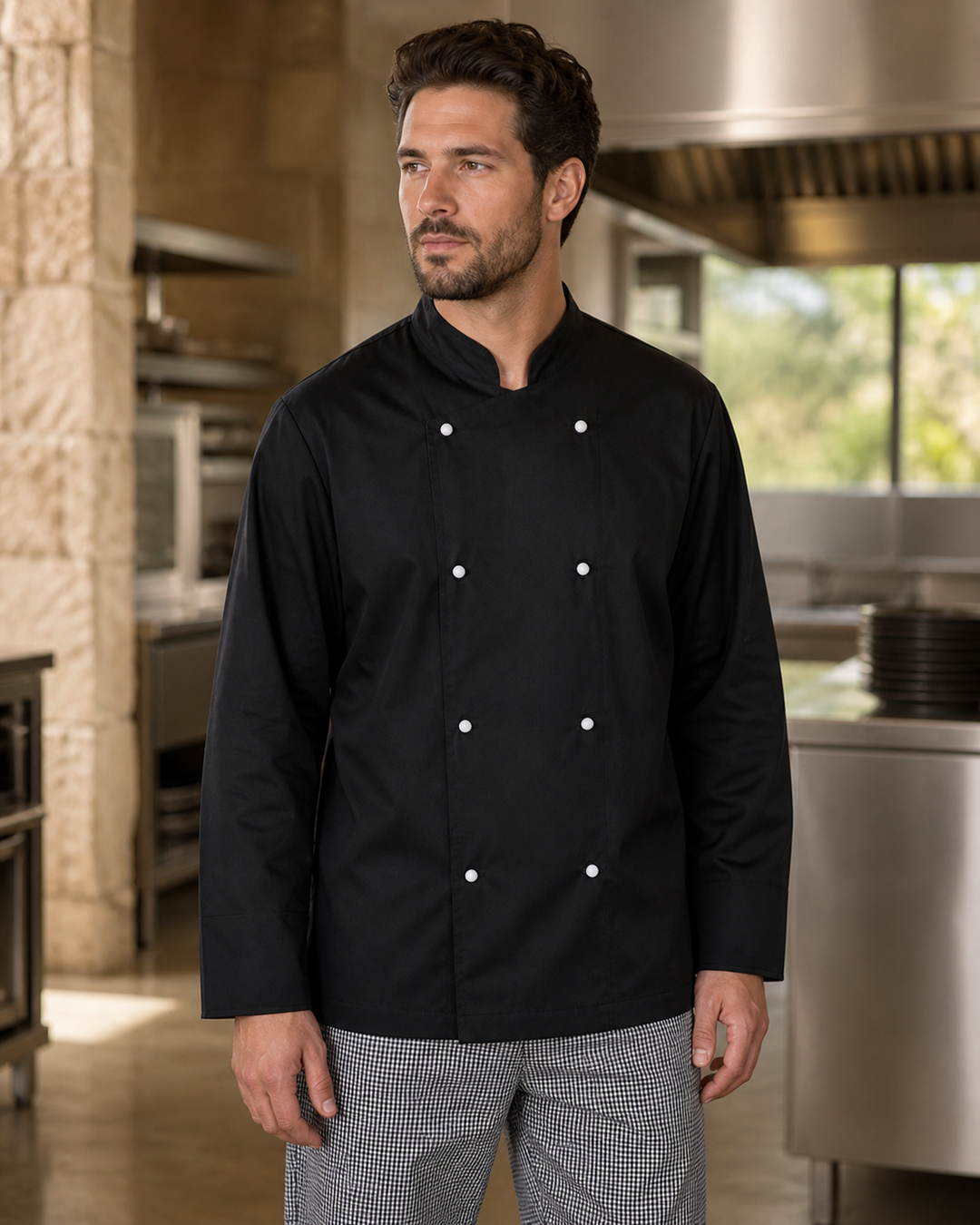 Winning Spirit Traditional long sleeve chef jacket in black with white stud buttons