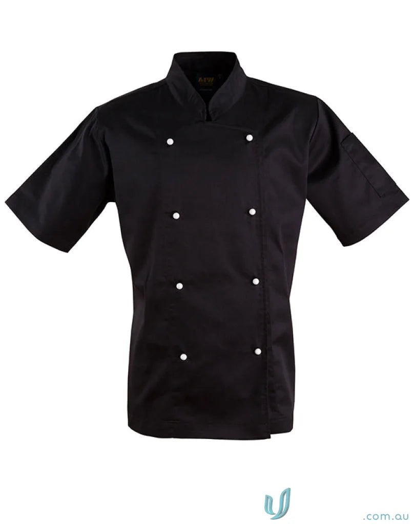 Black chefs jacket with white buttons from Winning Spirit Traditional short sleeve chefs collection