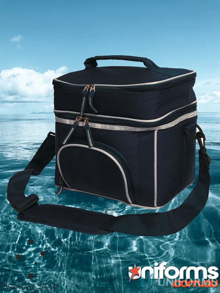 Black Winning Spirit Travel Cooler Bag with white piping, zip compartments, and adjustable shoulder strap