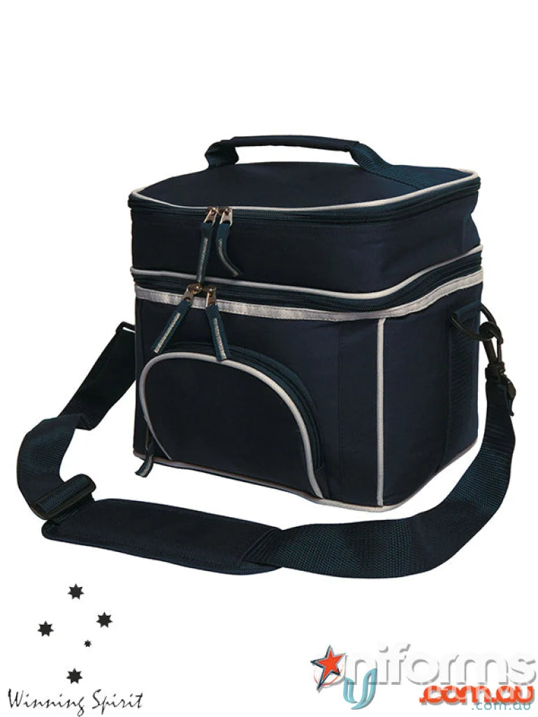Dark blue Winning Spirit Travel Cooler Bag with adjustable shoulder strap and zip pockets