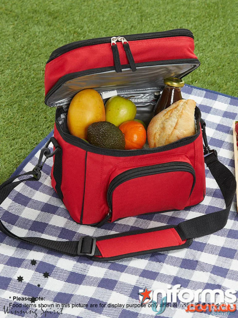 Red Winning Spirit Travel Cooler Bag with adjustable shoulder strap and food inside