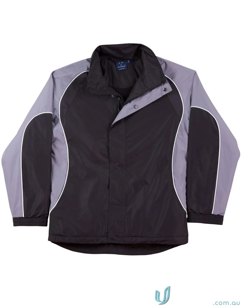 Black and gray Winning Spirit Unisex Arena Jacket with elasticated adjustable cuffs and jk77 arena style