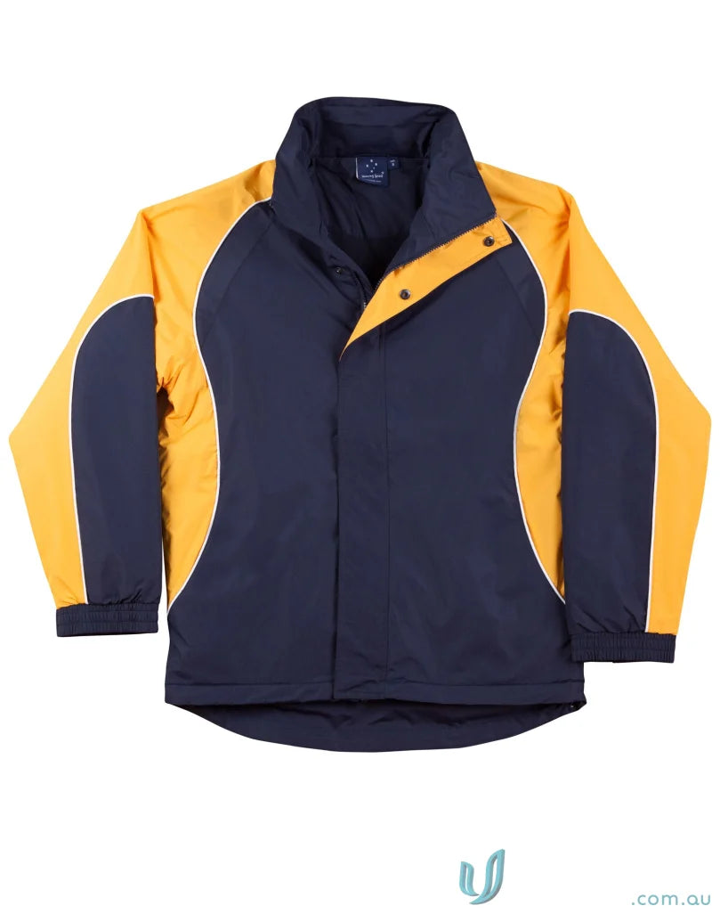 Navy and gold Winning Spirit Unisex Arena Jacket with elasticated adjustable cuffs, jk77 arena style