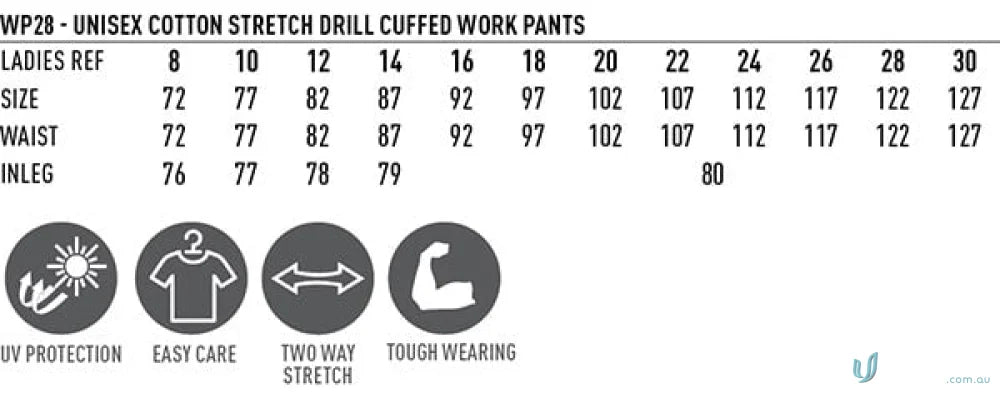 Work pants sizing chart showing features of Winning Spirit Unisex Cotton Stretch Drill Cuffed Work Pants