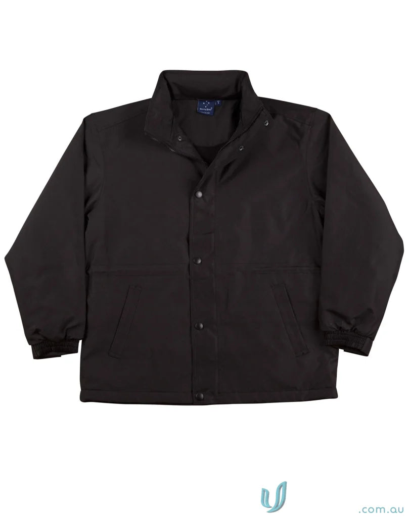 Black jk01 stadium jacket made from water-repellent oxford shell for a cool workwear vibe