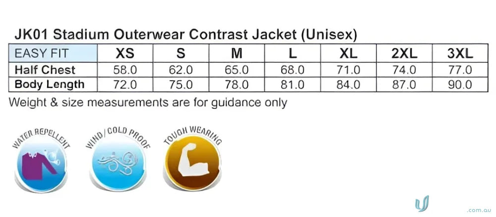 Jacket size chart and features of Winning Spirit Unisex Stadium Jacket with water-repellent oxford shell