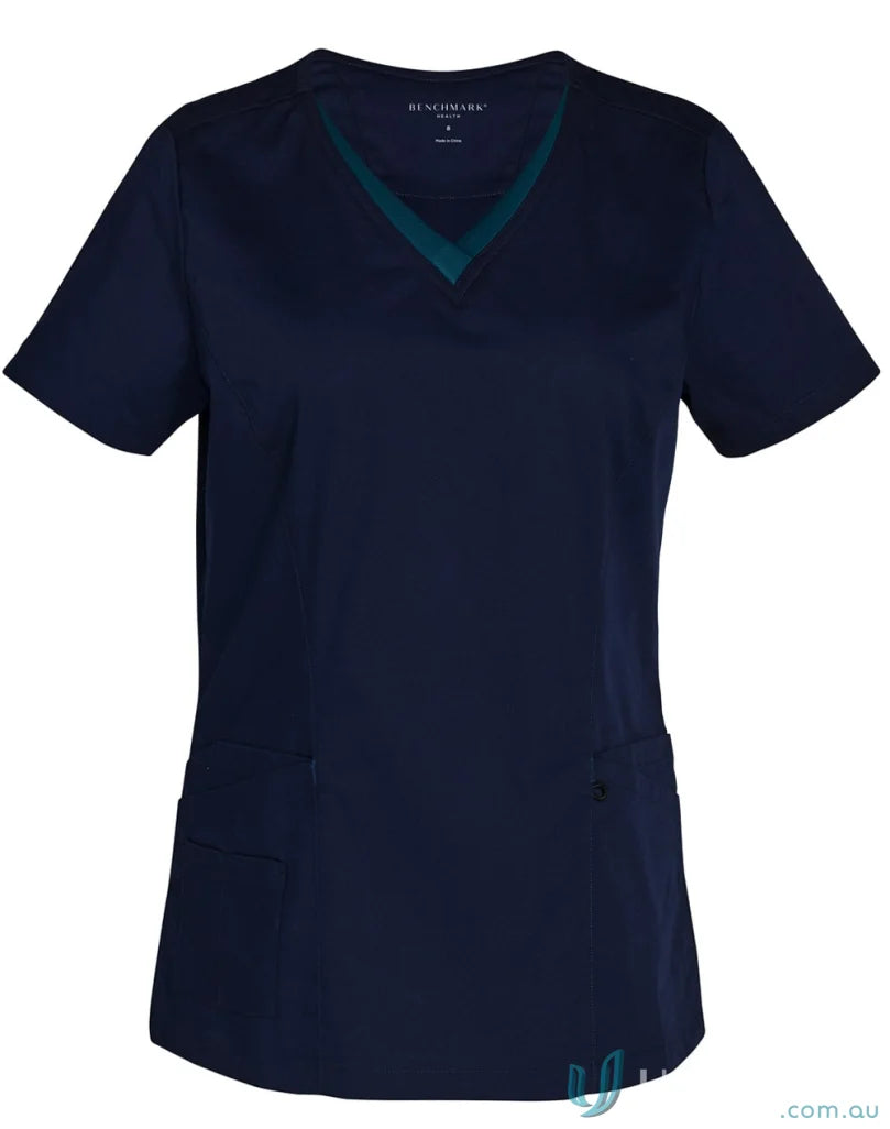 Navy blue spirit v-neck contrast scrub top with green trim and permanent anti-microbial finish
