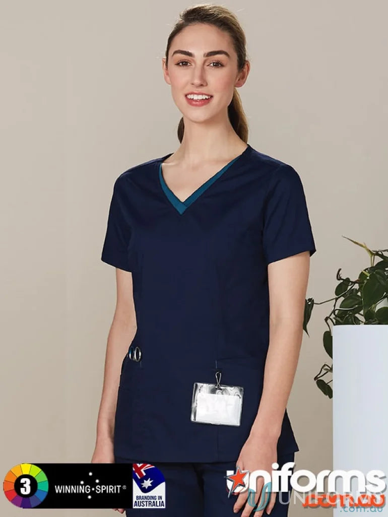 Navy blue Winning Spirit V-Neck Contrast Trim Scrub Top with permanent anti-microbial tech