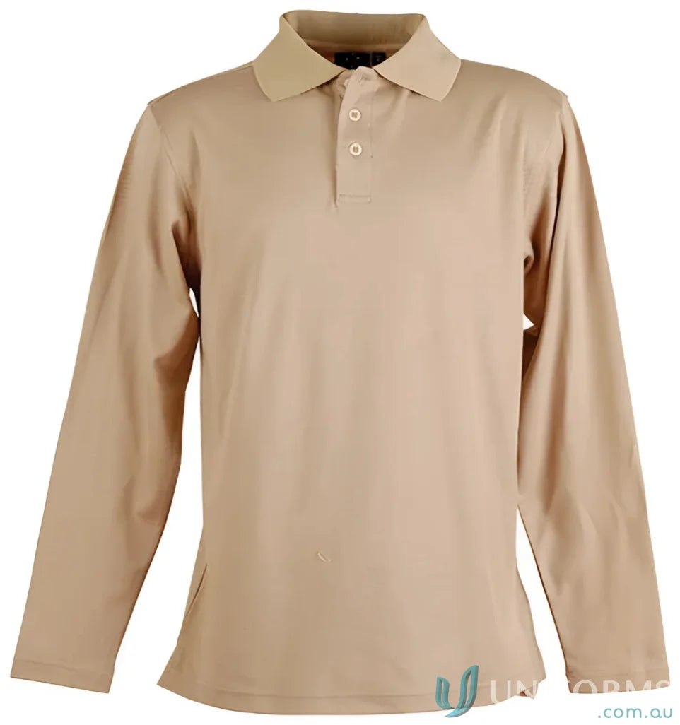 Tan long-sleeved polo shirt from Winning Spirit Victory TrueDry LS Polo with cotton backing