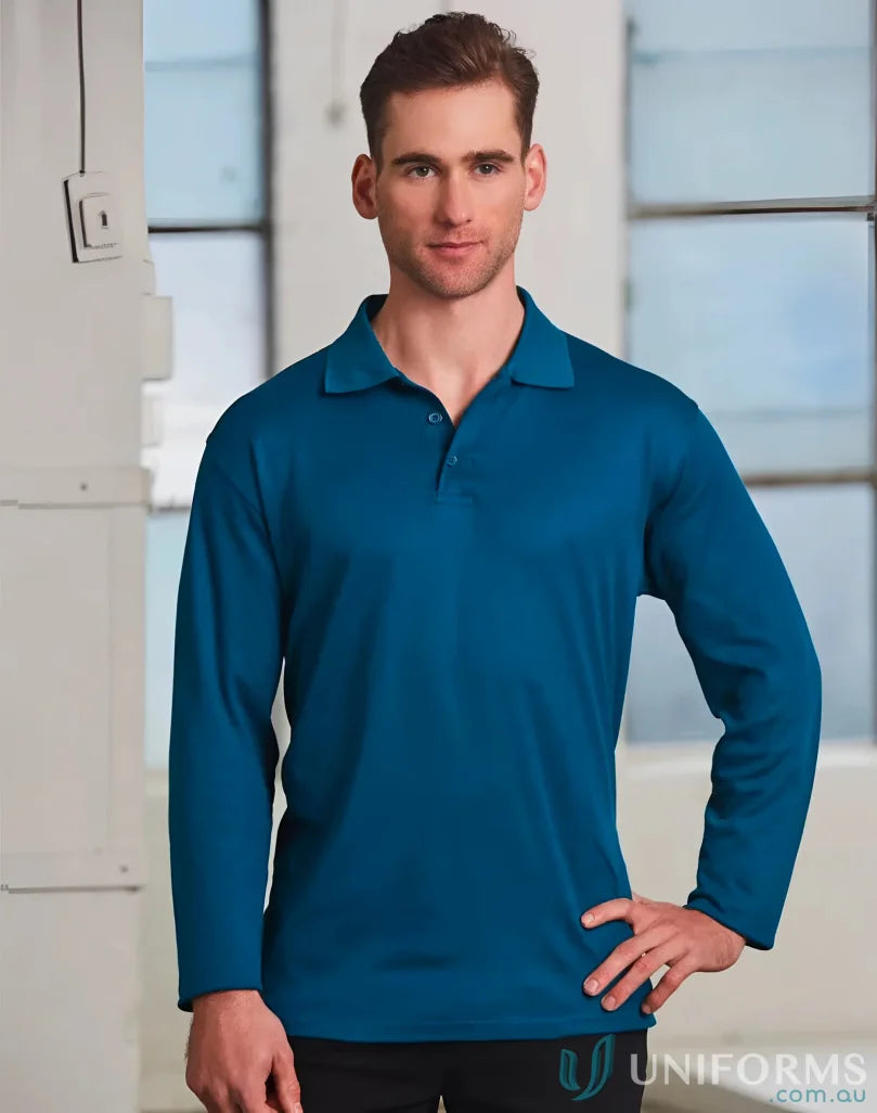 Teal Winning Spirit Victory TrueDry LS Polo with cotton backing for comfort