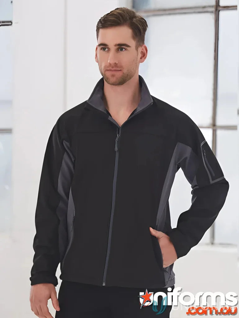 Black and gray zip-up Winning Spirit Whistler Softshell Jacket made with bonded softshell fabric