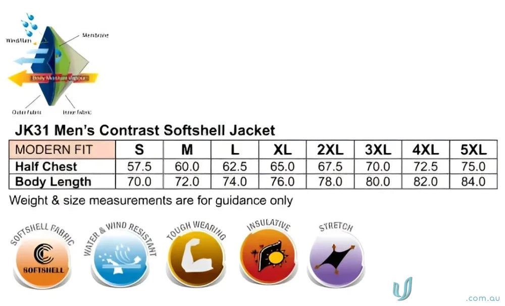 Men’s softshell jacket size chart for Winning Spirit JK31 Whistler bonded softshell fabric