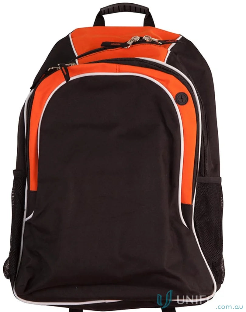 Black and orange B5020 Winner Backpack with organizer pockets from Winning Spirit Winner