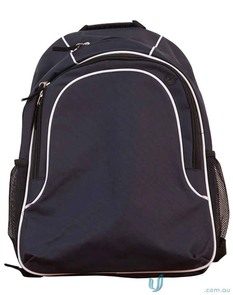 Navy blue Winning Spirit Winner Backpack with white trim and organizer pockets b5020 winner backpack