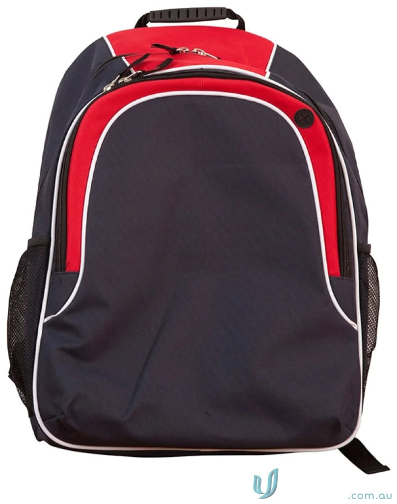 Red and black Winning Spirit Winner Backpack with organizer pockets and b5020 winner backpack feature