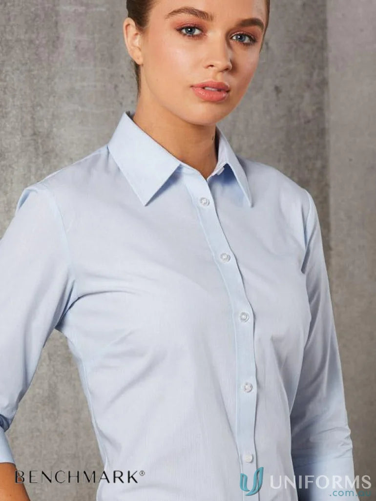 Light blue women’s fine stripe 3Qtr Shirt from Winning Spirit for a casual look