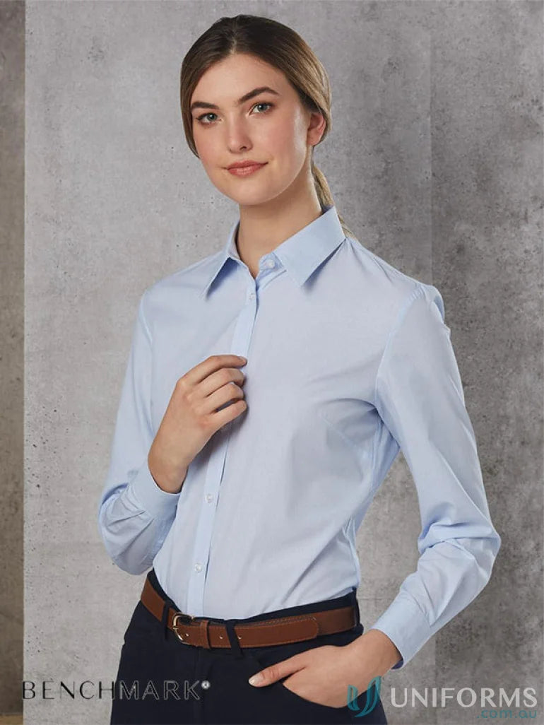 Light blue women’s fine stripe long sleeve shirt from Winning Spirit Womens Fine Stripe LS Shirt