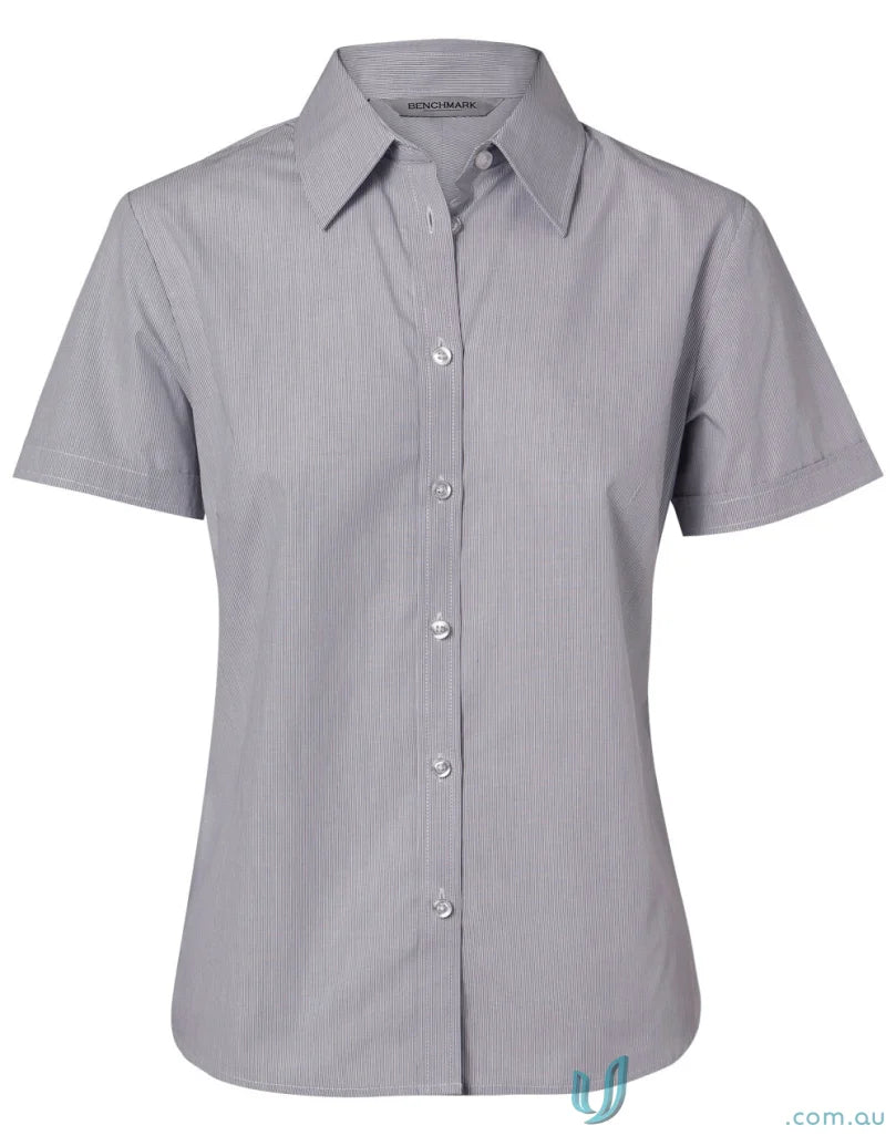 Gray striped women’s fine stripe short sleeve shirt from Winning Spirit for women