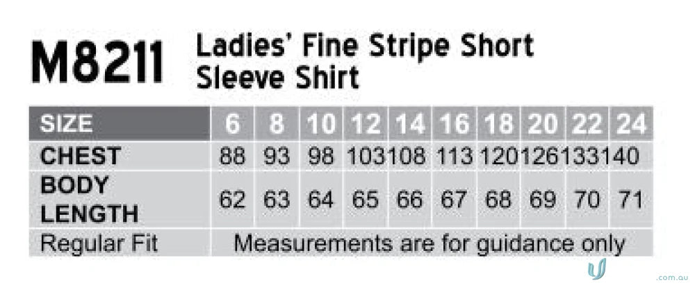 Ladies’ shirt size chart for Winning Spirit Womens Fine Stripe Short Sleeve Shirt