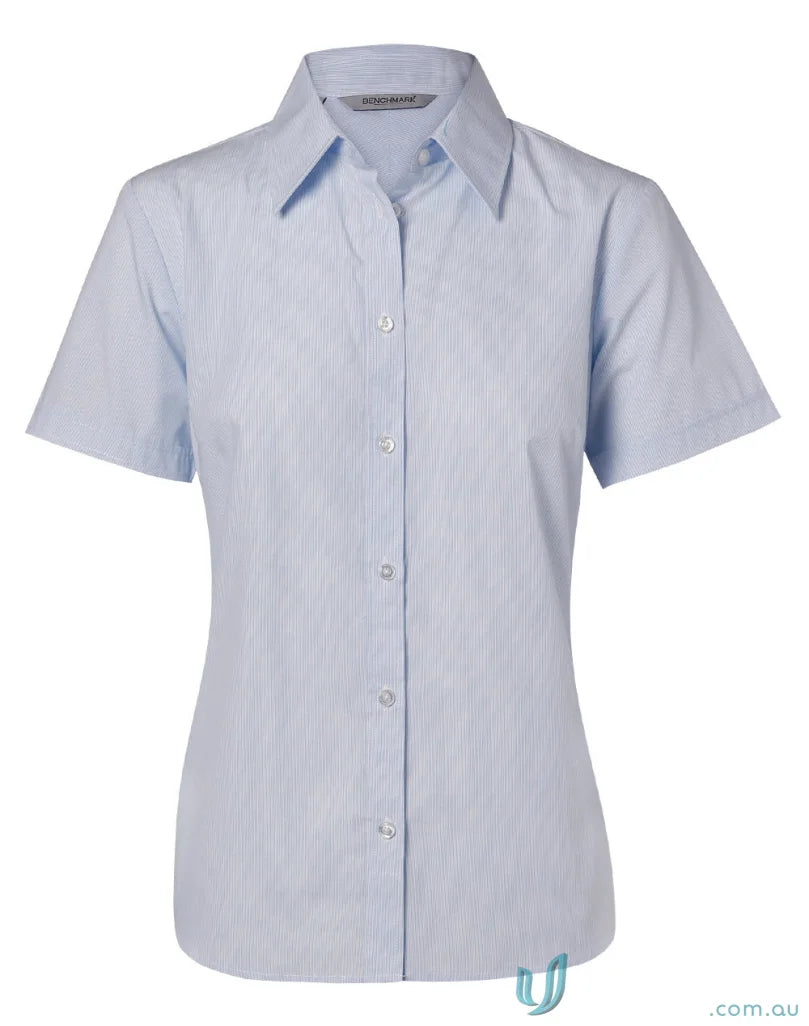 Light blue women’s fine stripe short sleeve shirt from Winning Spirit for a casual look