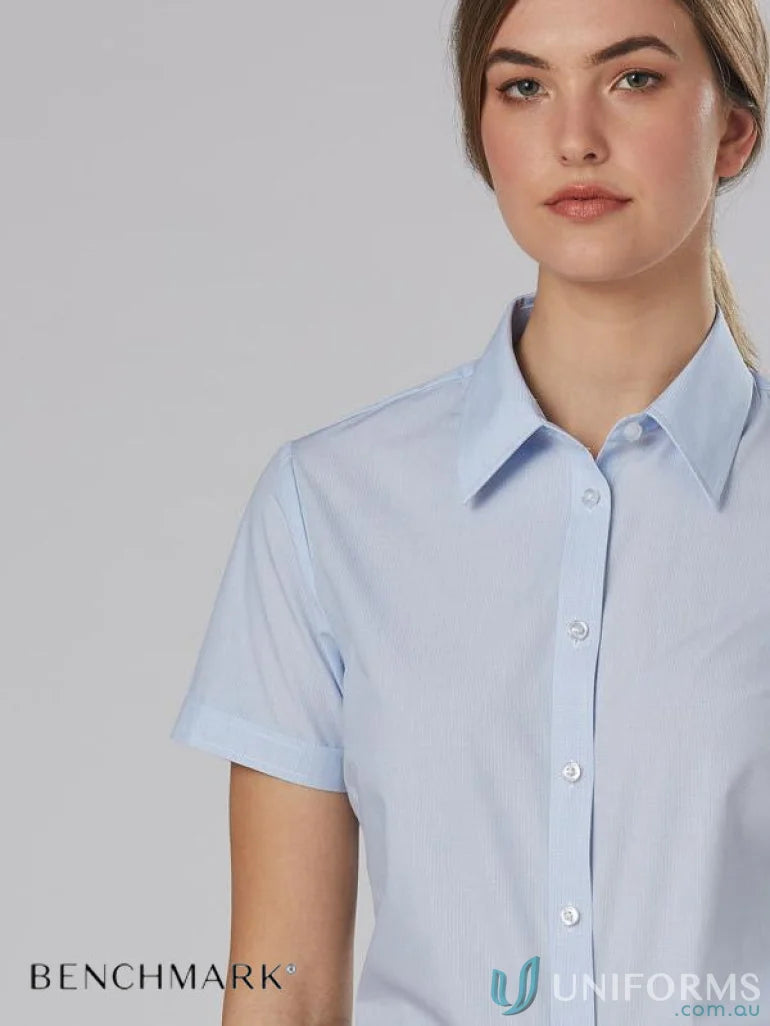 Light blue women’s fine stripe short sleeve shirt from Winning Spirit for a stylish look