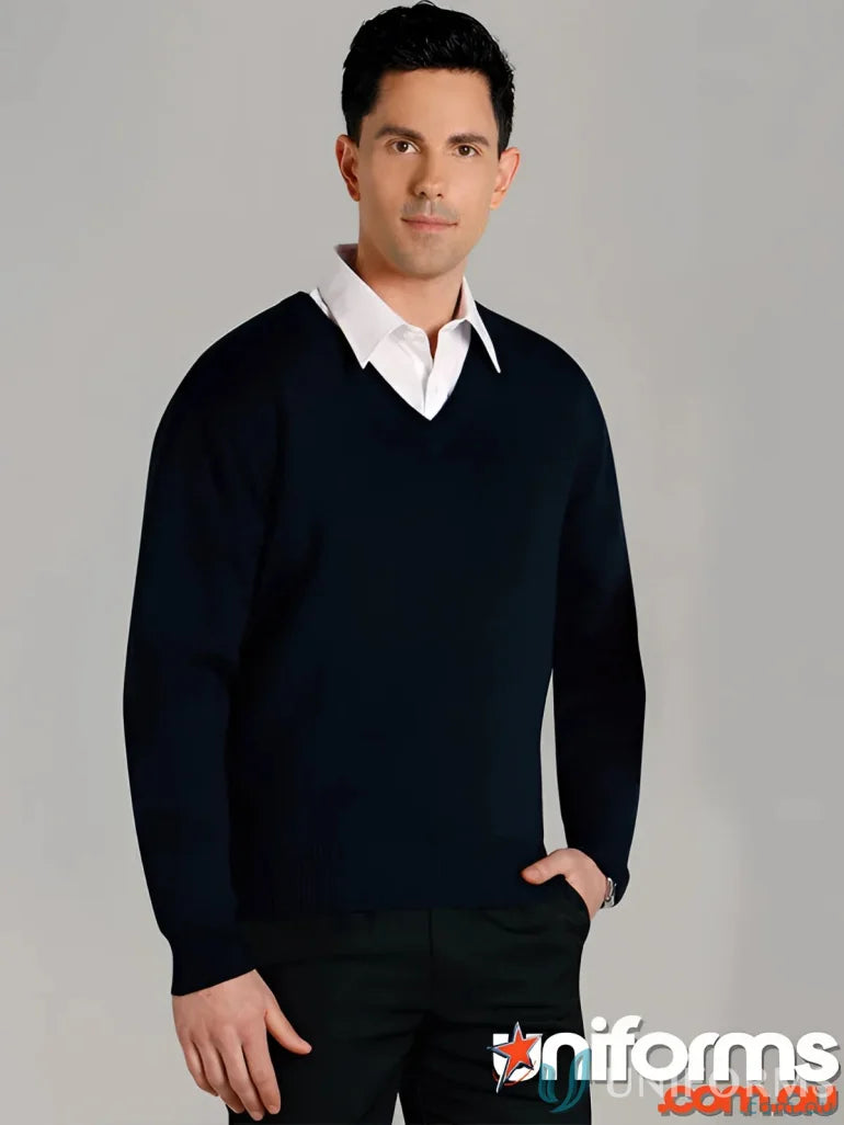 Man wearing a navy Spirit Wool Acrylic Knit Jumper, stylish wool acrylic blend sweater
